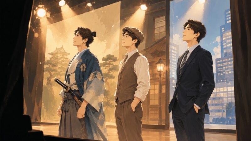 時代劇、昭和風の作品、現代劇を演じ分ける架空の俳優3人のイラスト