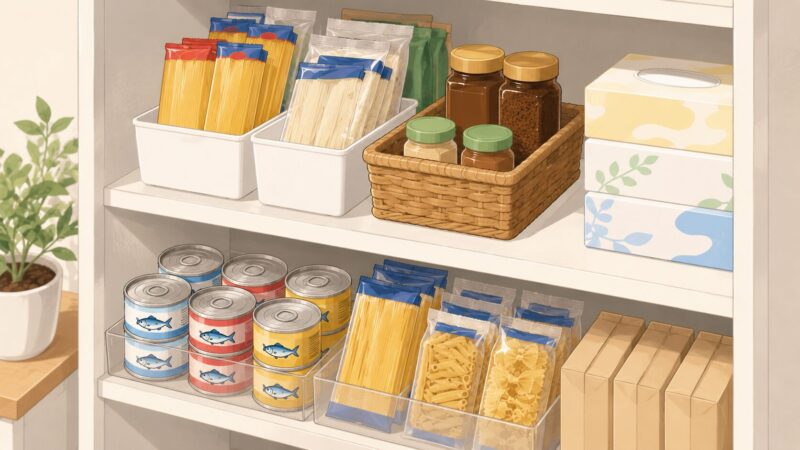 日本の家庭の収納棚に、缶詰、乾麺、コーヒー、ティッシュが整然と並び、古い商品から使えるよう前後に配置されている様子