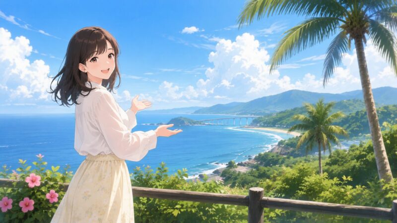 宮崎県をイメージした海辺の風景を紹介する女性のイラスト