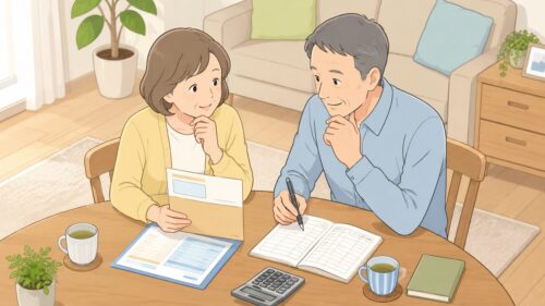 定年前後の男女が、ねんきん定期便風の封筒と家計簿を見ながら話し合っている