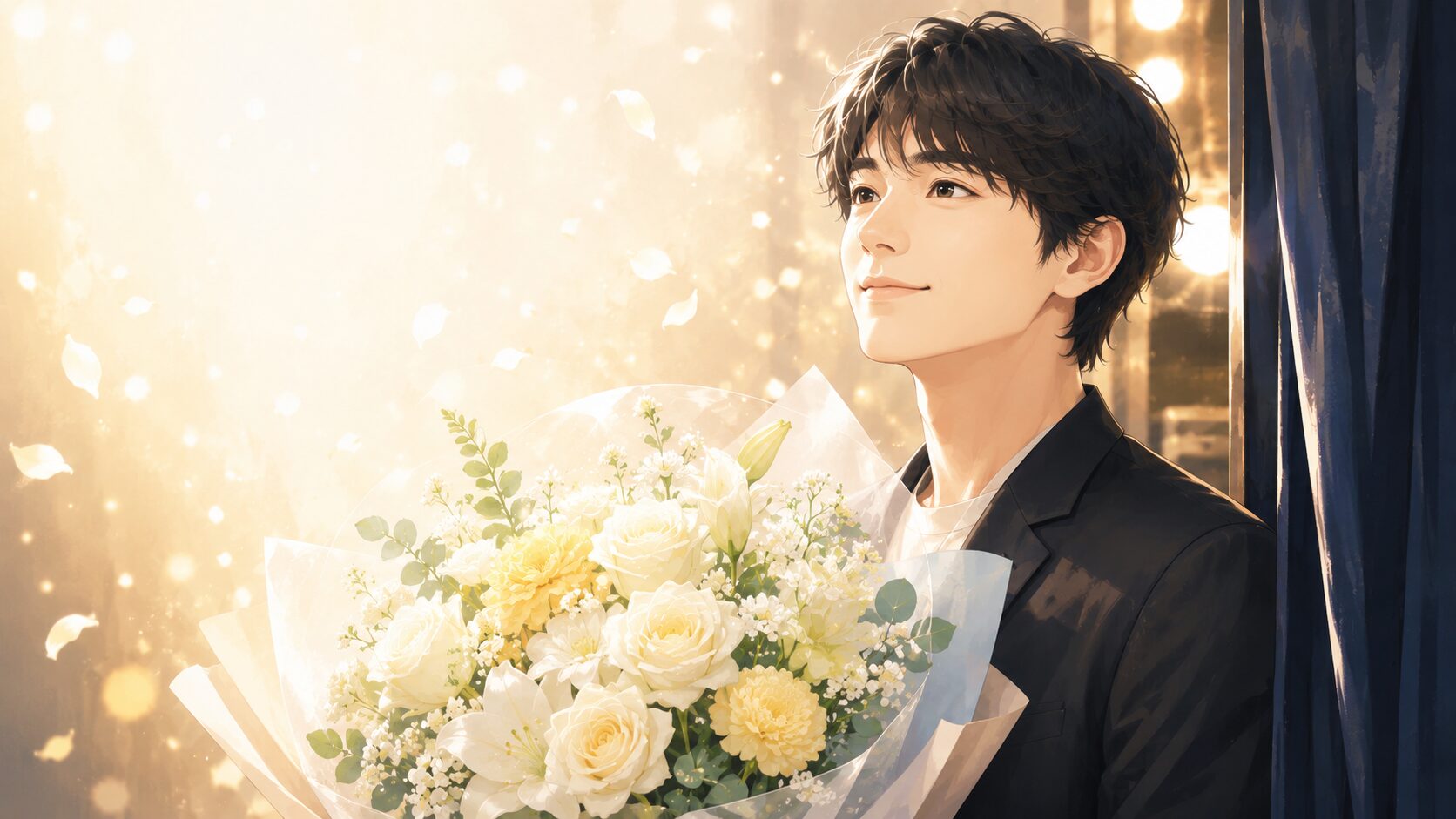 結婚発表と俳優としての活躍を、温かく爽やかな雰囲気で表現する