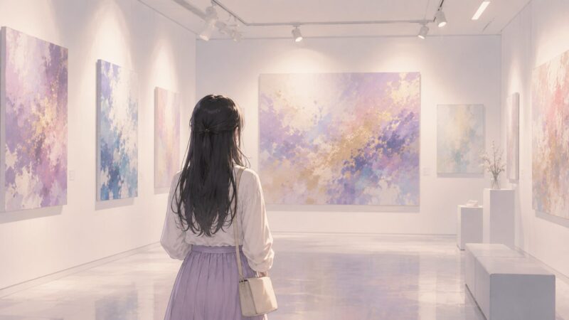 現代アートギャラリーで抽象作品を鑑賞する黒髪の女性の後ろ姿