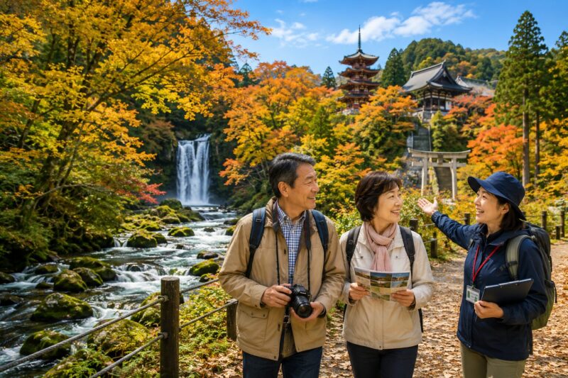 秋の東北でブナ林や渓流を巡る現地発着ツアーのイメージ