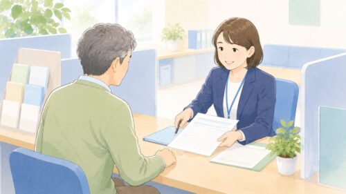 落ち着いた相談窓口で、担当者と書類を確認している中高年の人物
