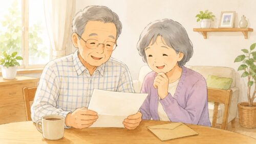 年金生活者支援給付金の書類を確認するシニア夫婦のイラスト