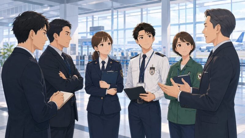 GATE24、警察、空港責任者が空港ロビーで話し合うイラスト