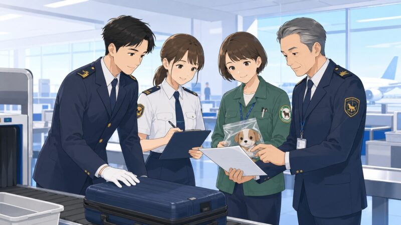 空港の検査エリアで、異なる専門職が荷物や資料を確認しているイラスト