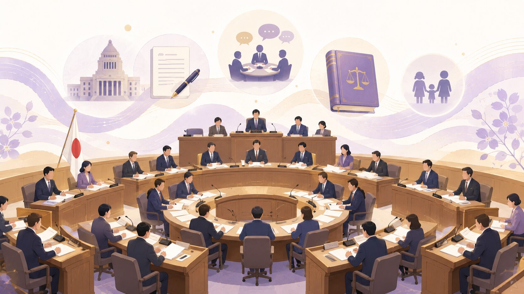 皇室典範改正について国会で議論する様子を表したイメージイラスト