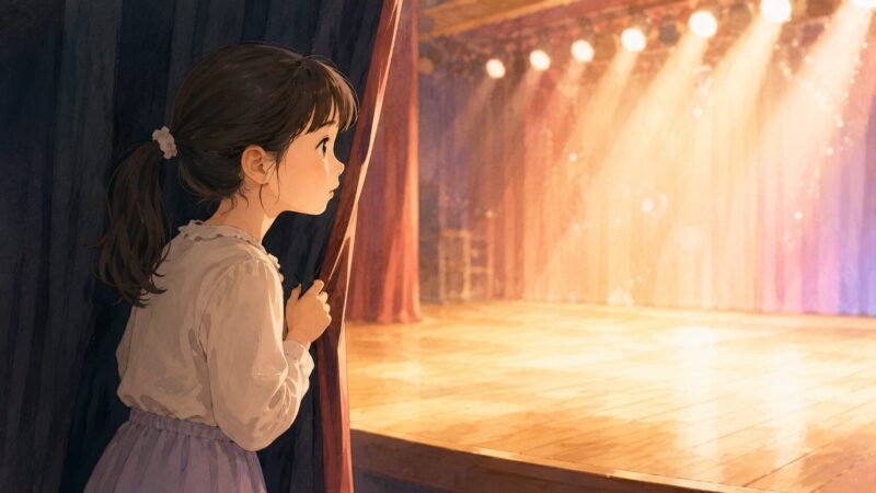 舞台袖から明るいステージを見つめる少女のイメージイラスト
