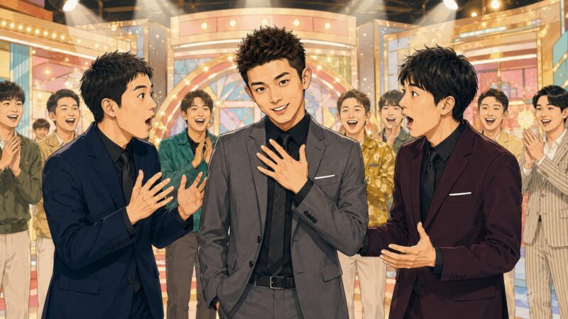バラエティー番組のネタ中に結婚を発表し、相方や共演者が驚く様子を表したイラスト