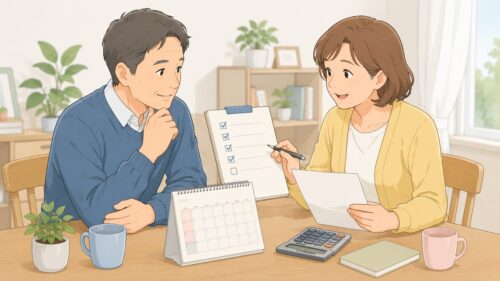 年金の受け取り時期をチェックリストとカレンダーを見ながら相談する定年前後の男女