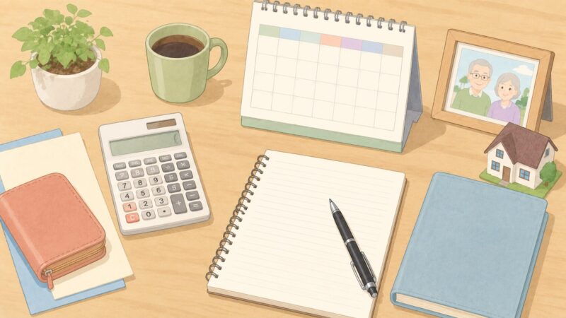 老後資金を計算するための電卓とノートのイラスト