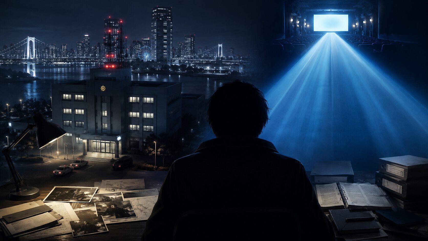 湾岸エリア風の夜景、警察署風の建物、捜査資料、映画館へ続く青い光、人物は後ろ姿のシルエット