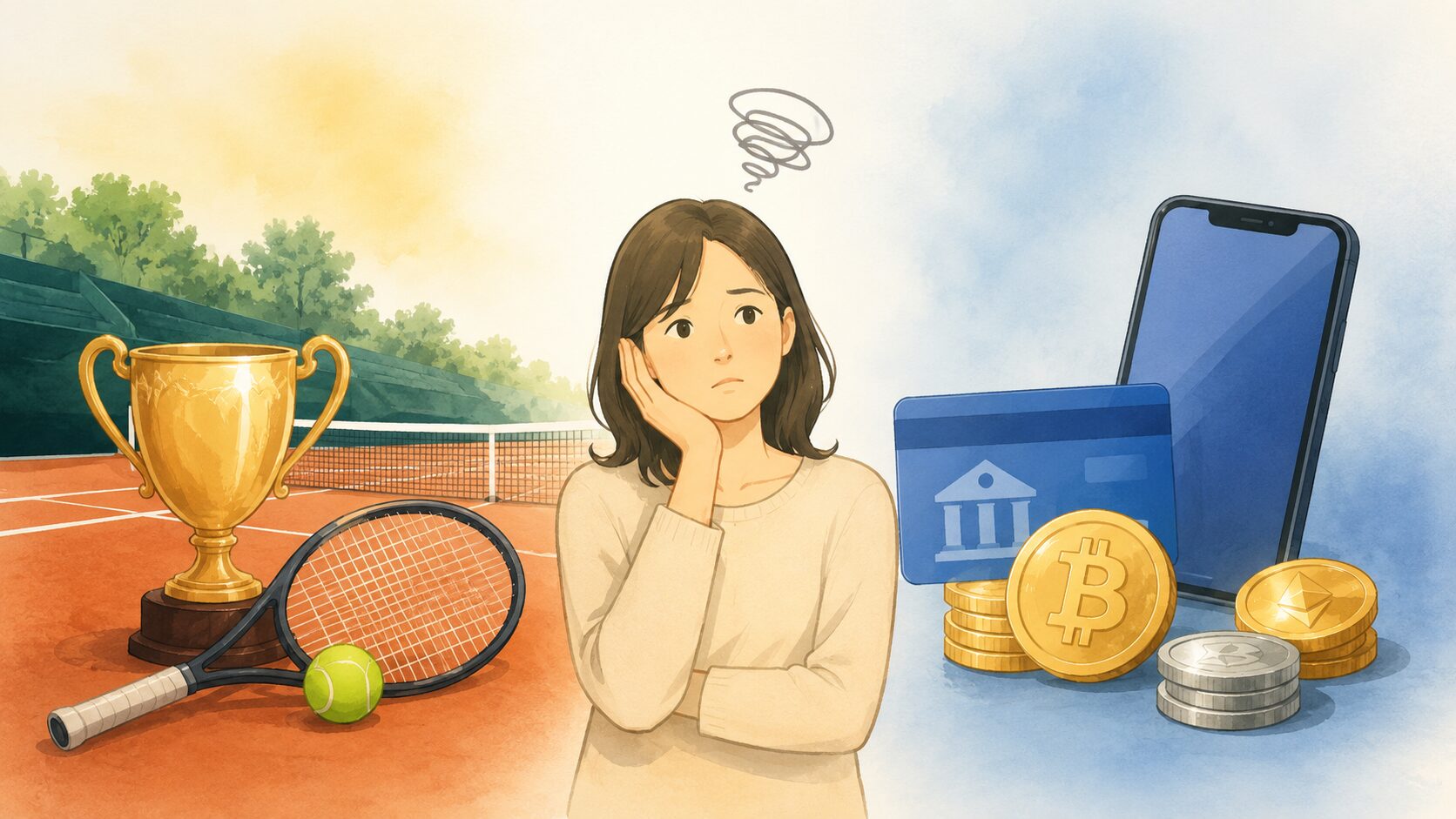 テニス界の華やかな経歴と、突然の詐欺事件報道という対照を伝える