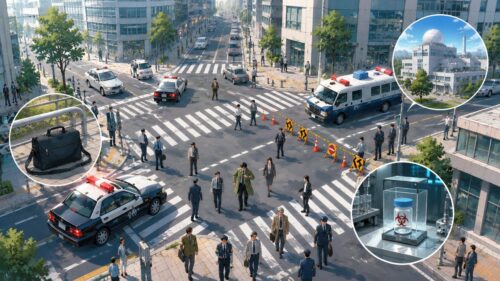東京の交差点で複数の事件を追う刑事を描いたイメージイラスト