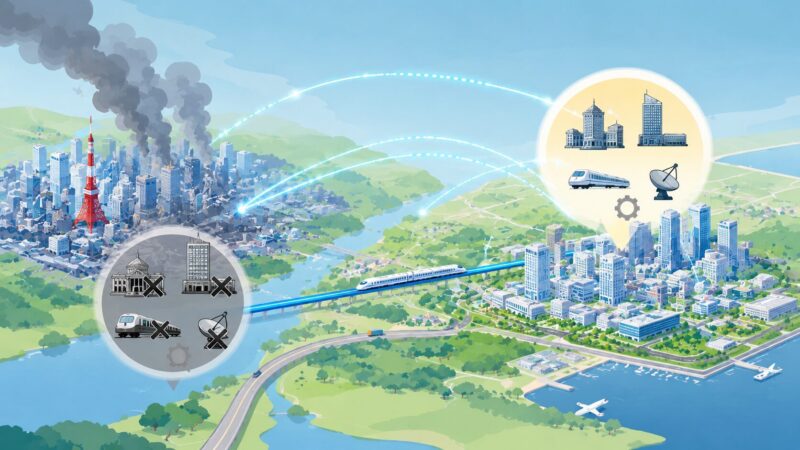 災害時に東京の首都中枢機能を別の大都市が代替するイメージ