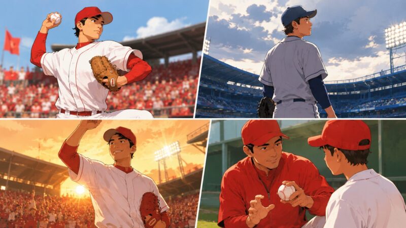 国内での活躍、海外挑戦、古巣復帰、若手指導を描いた元プロ野球投手のイラスト