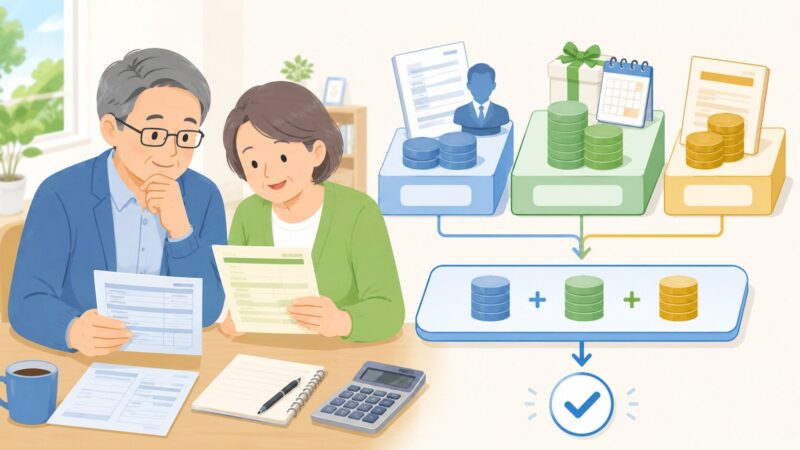給与、年間賞与の月割り、老齢厚生年金を足して65万円と比較する流れを示すイメージ