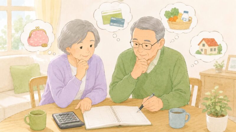 老後資金について家計簿を見ながら考えるシニア夫婦のイラスト