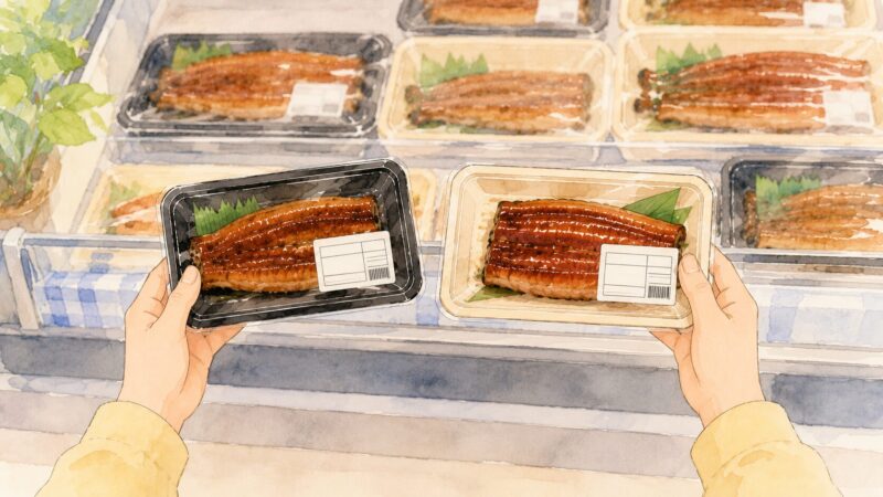スーパーでうなぎ蒲焼きを選ぶ様子