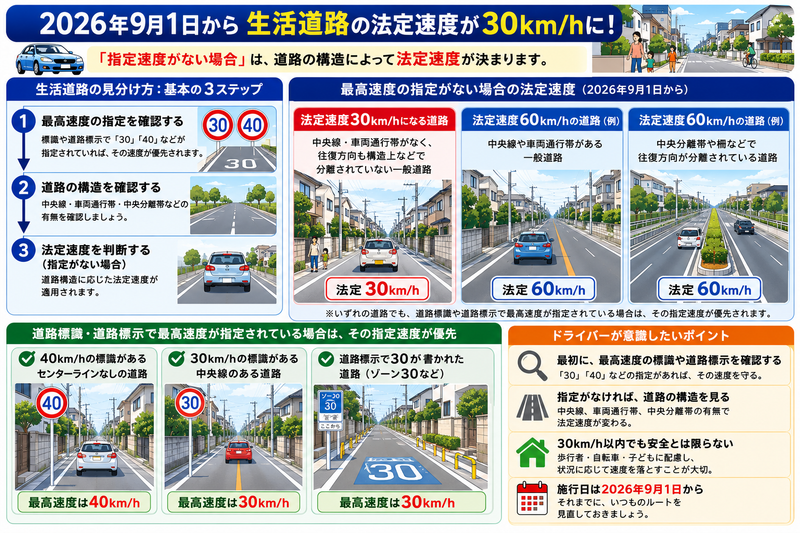 2026年9月1日からの生活道路の法定速度30km/hを解説する図
