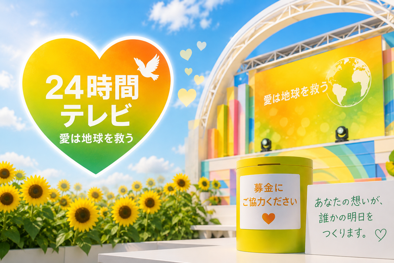 24時間テレビのチャリティー企画をイメージした明るいステージと募金の挿絵