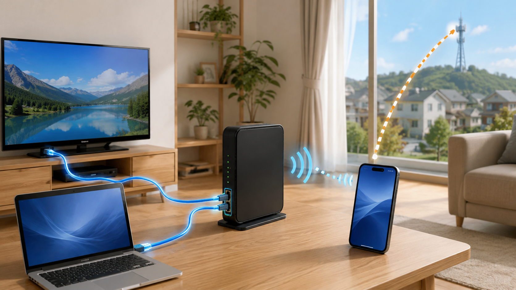 日本の一般家庭のリビングを背景に、中央へWi-Fiルーター。片側からLANケーブルがテレビとPCへ伸び、反対側にはWi-Fi電波を受けるスマートフォン。さらに窓の外にモバイル通信の基地局を遠景として配置する。