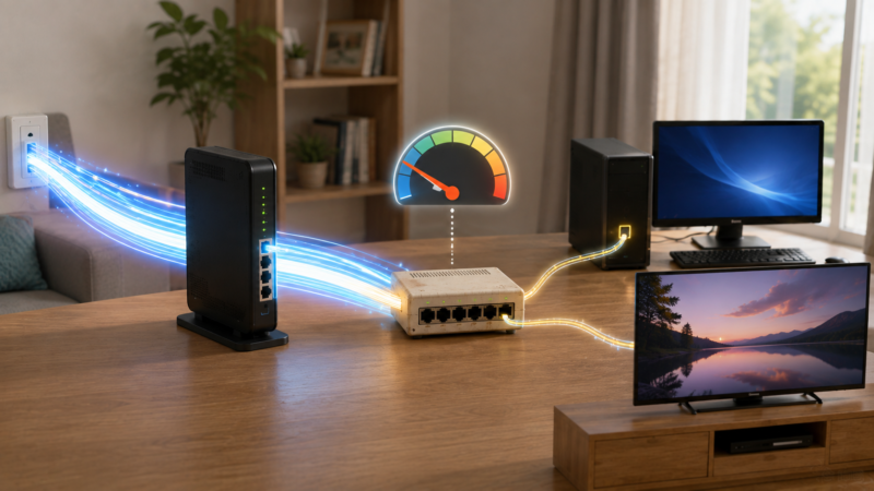 高速な光回線でも古いスイッチングハブが途中にあると通信速度のボトルネックになるイメージ