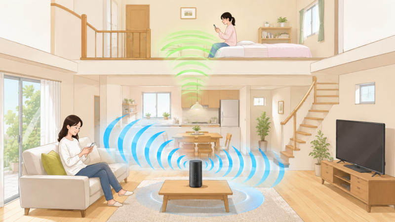 ルーター近くには5GHzをイメージする電波、2階には2.4GHzをイメージする電波が届いている様子。技術図面ではなく、初心者が見ただけで距離による違いを理解できる柔らかな生活イラスト