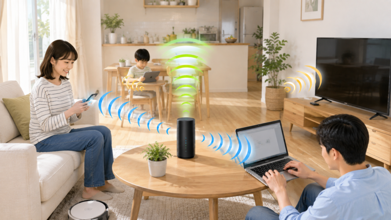 6GHz対応ルーターと対応するスマートフォンやパソコンが6GHzでつながり、非対応機器は従来のWi-Fiを使う家庭のイメージ