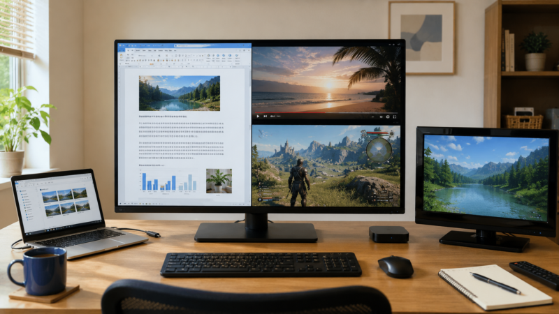 中央に大型PCモニター、左側にノートPC、右側に小型テレビ。モニターには文章・ゲーム・動画の3種類の画面を自然に配置。