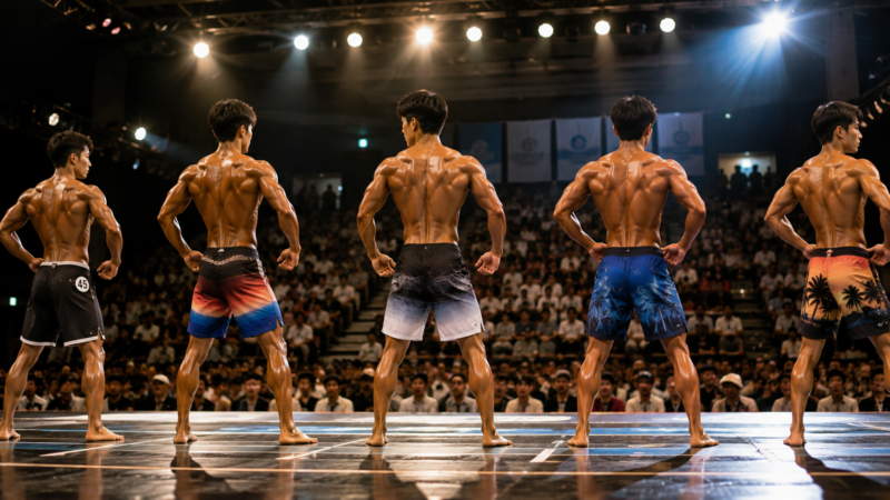 ボードショーツ姿の複数の高校生選手が明るい大会ステージでポージングしている後ろ姿・斜め姿。