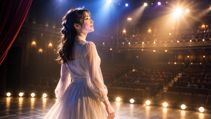 華やかなスポットライトと客席を背景にし、ミュージカル女優として活躍する雰囲気を表現する。
