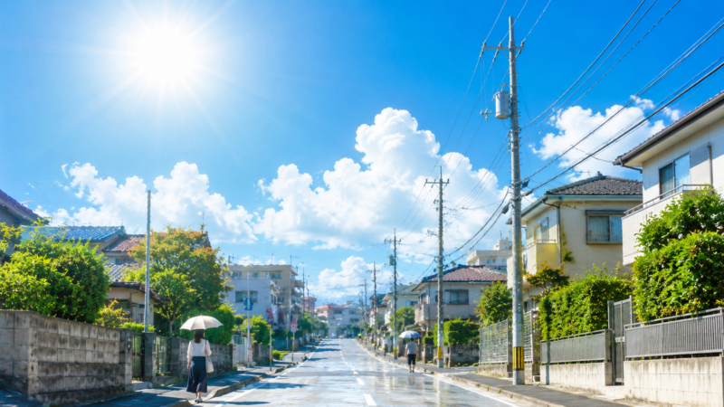 日本の住宅街や街路を背景に、強い夏の日差しと陽炎が見える風景。青空、強い太陽、日傘を差した人物を小さく配置する。