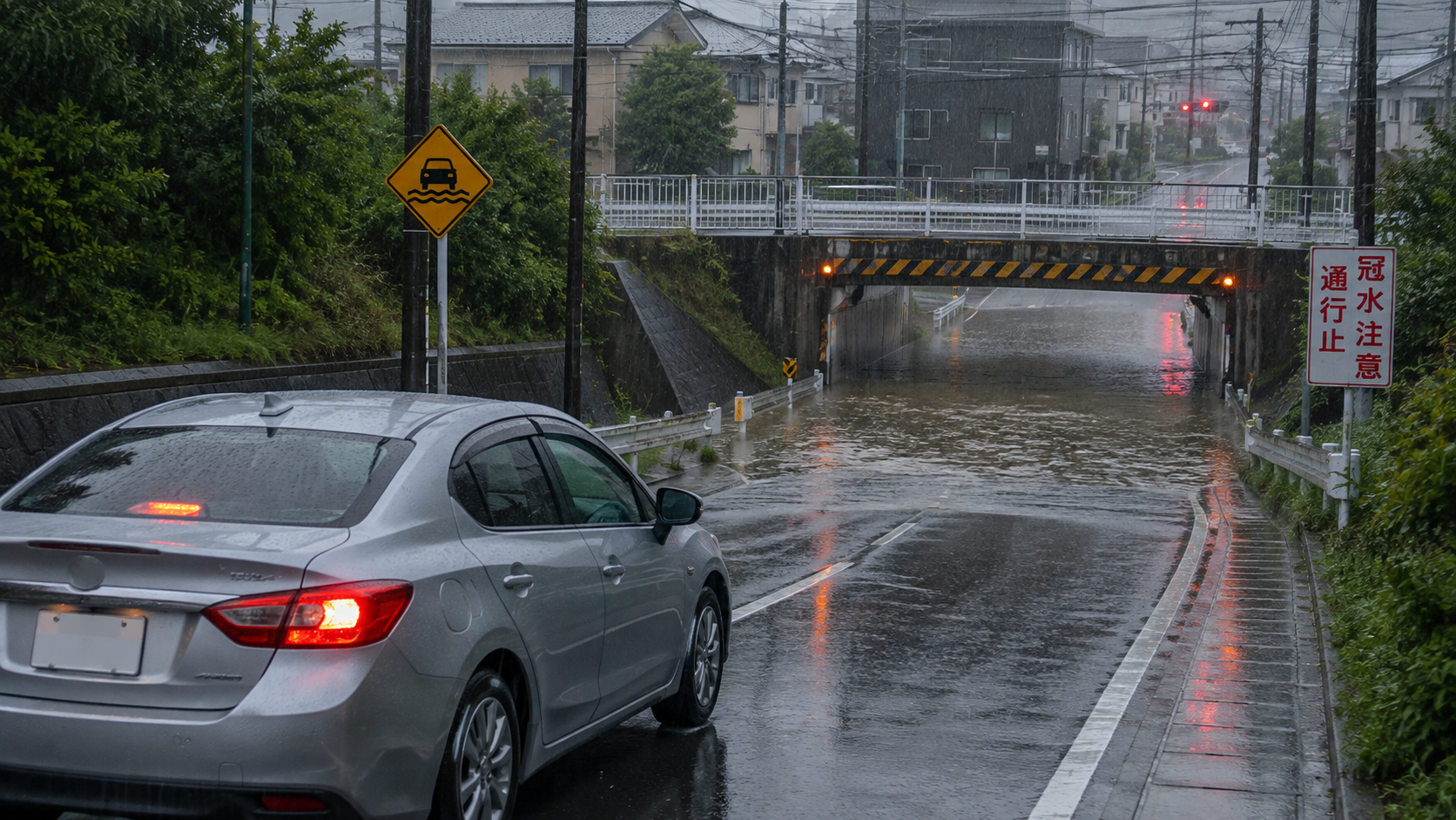 大雨が降る日本の道路。前方のアンダーパスが冠水している一方、手前の乗用車は水へ入らず安全な場所で停止している構図。