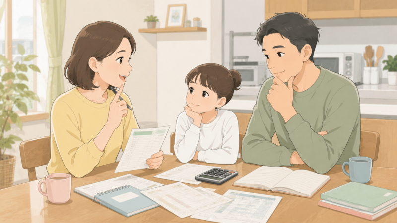 家族で家計について話しているイラスト