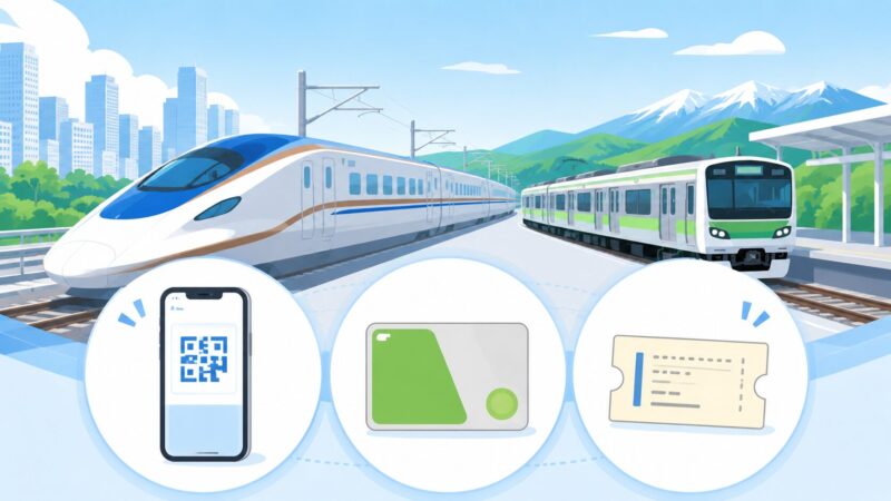 スマートフォンのQRコード、交通系ICカード、紙の乗車券と新幹線・在来線を描いた比較イラスト