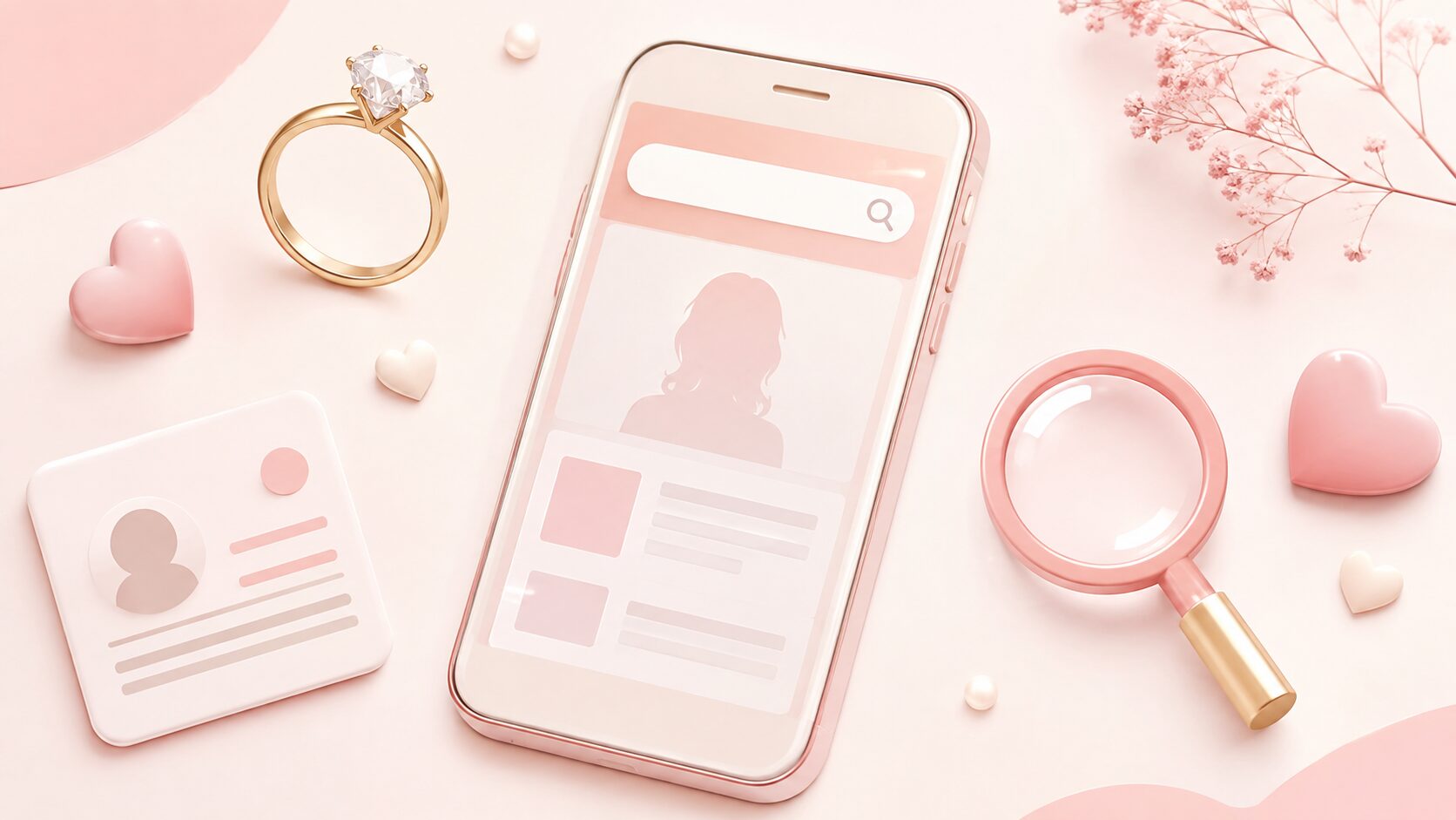 芸能人についてスマートフォンで検索している様子を中心に、指輪、ハート、プロフィールカード、虫眼鏡を自然に配置する
