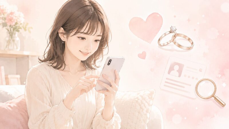 スマートフォンで芸能ニュースを確認する20〜30代の女性と、結婚をイメージする指輪・ハートを背景に控えめに配置