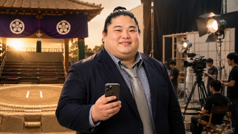 元力士の体格と愛嬌を生かしてドラマ撮影に臨む俳優をイメージしたイラスト