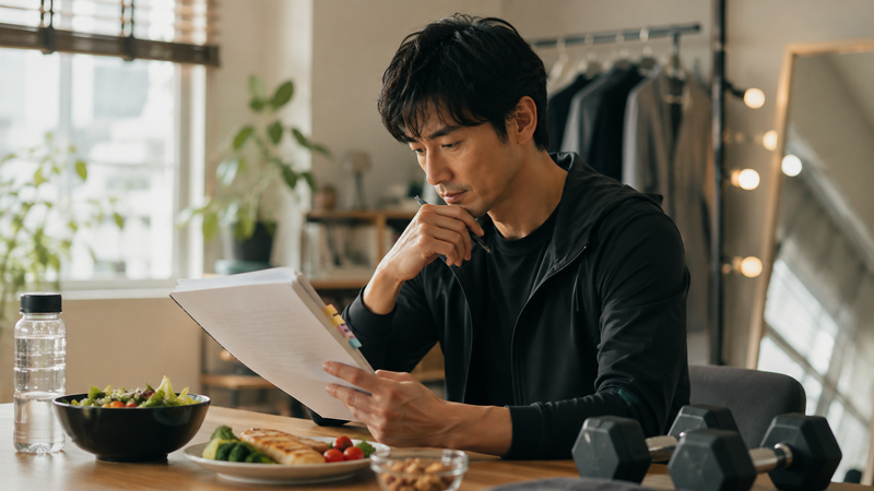 男性俳優が台本を確認しながら体調・体型管理を行っているイメージ。