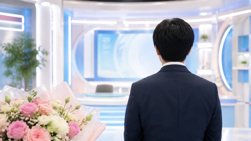 テレビ局のスタジオを思わせる明るい背景に、スーツ姿の男性アナウンサーを連想させる後ろ姿と花束を配置したイメージ