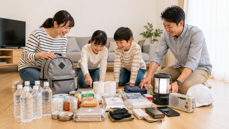 家庭で災害への備えを確認するイメージ