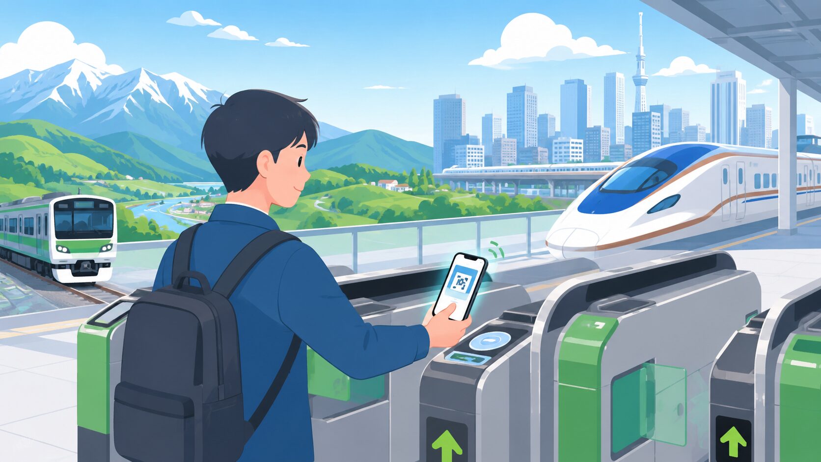明るい駅の改札前でスマートフォンをかざす旅行者。背景に新幹線と在来線、首都圏の街並み、山並みを配置する