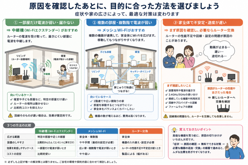 Wi-Fi中継機・メッシュWi-Fi・ルーター交換の選び分けを示したイラスト