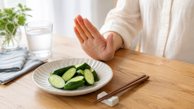 切ったきゅうりと皿を前にして、箸を置いている手元。