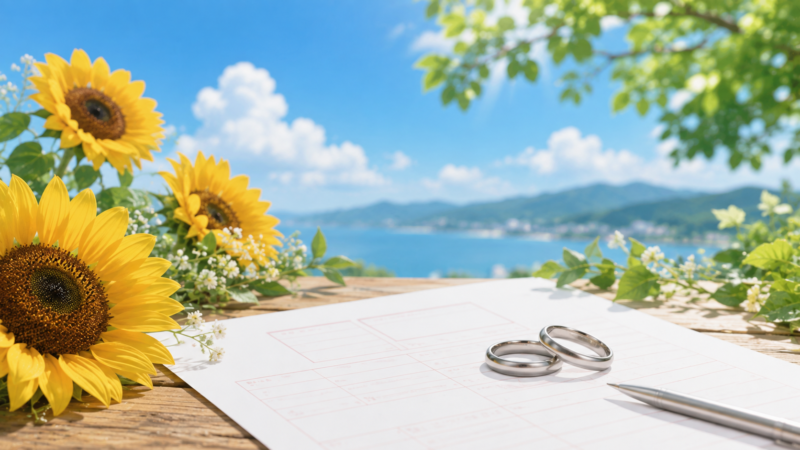 夏の青空と緑を背景に、婚姻届をイメージする白い書類、結婚指輪、8月らしいひまわりなどを自然に配置。