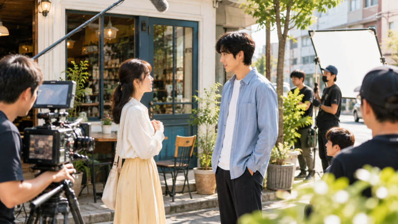 20代の男女俳優がドラマ撮影をしている雰囲気
