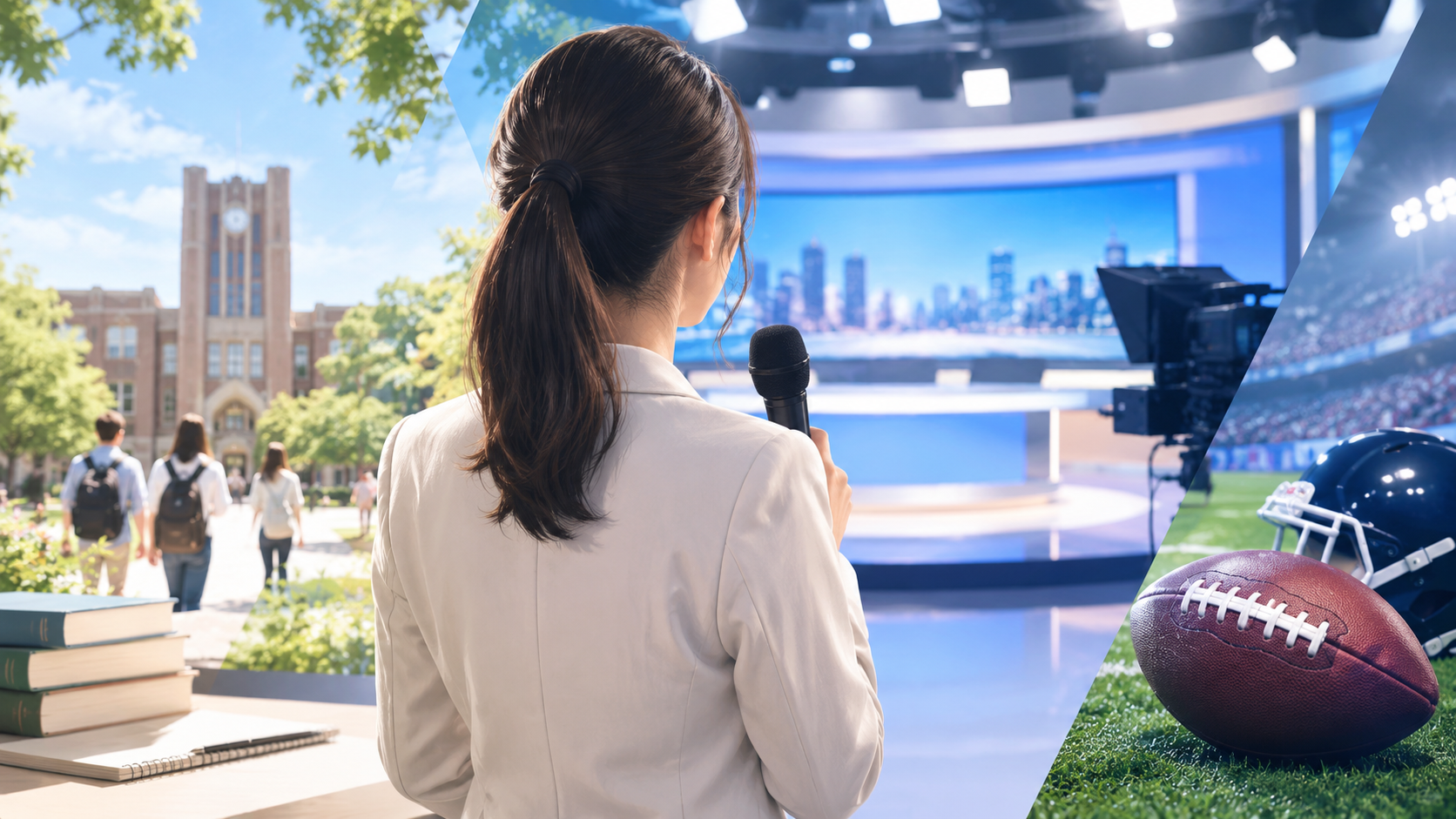 テレビ局のニューススタジオを背景に、マイクを持つ若い女性アナウンサーの後ろ姿またはシルエット。