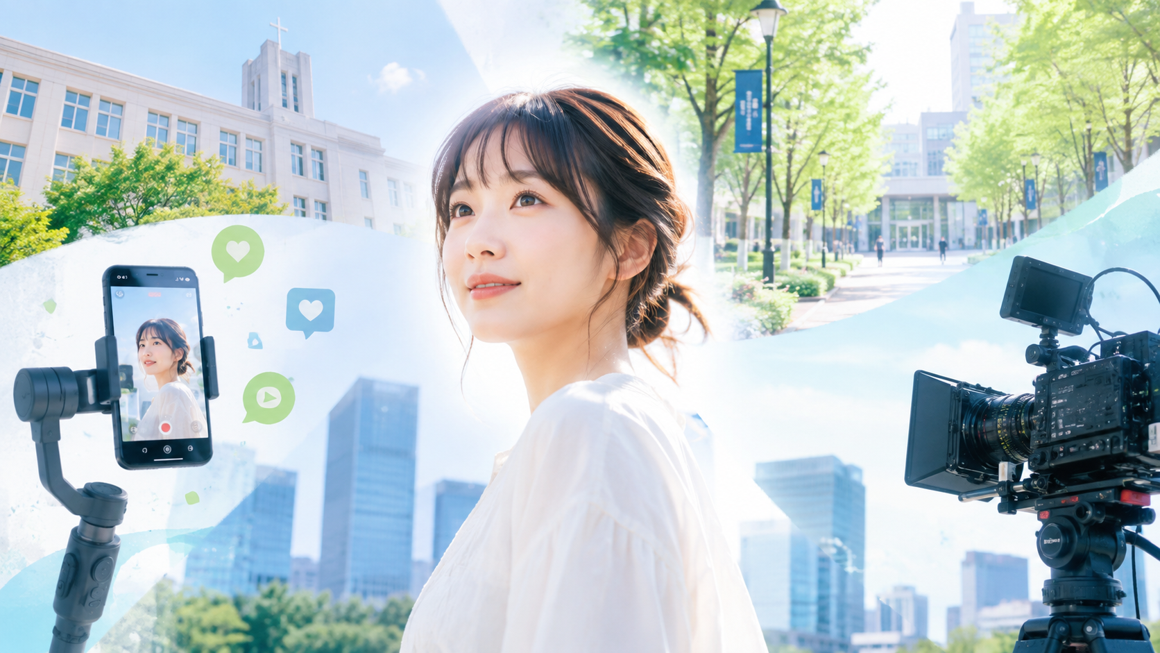 東京の大学キャンパスを思わせる都会的な背景と、スマートフォンの縦型動画撮影、映画用カメラを組み合わせたビジュアル。